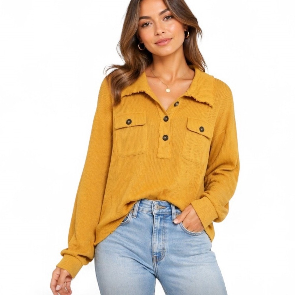 Bibi Waffle Knit Mustard Yellow Top Button Front Pockets Long Sleeve Large